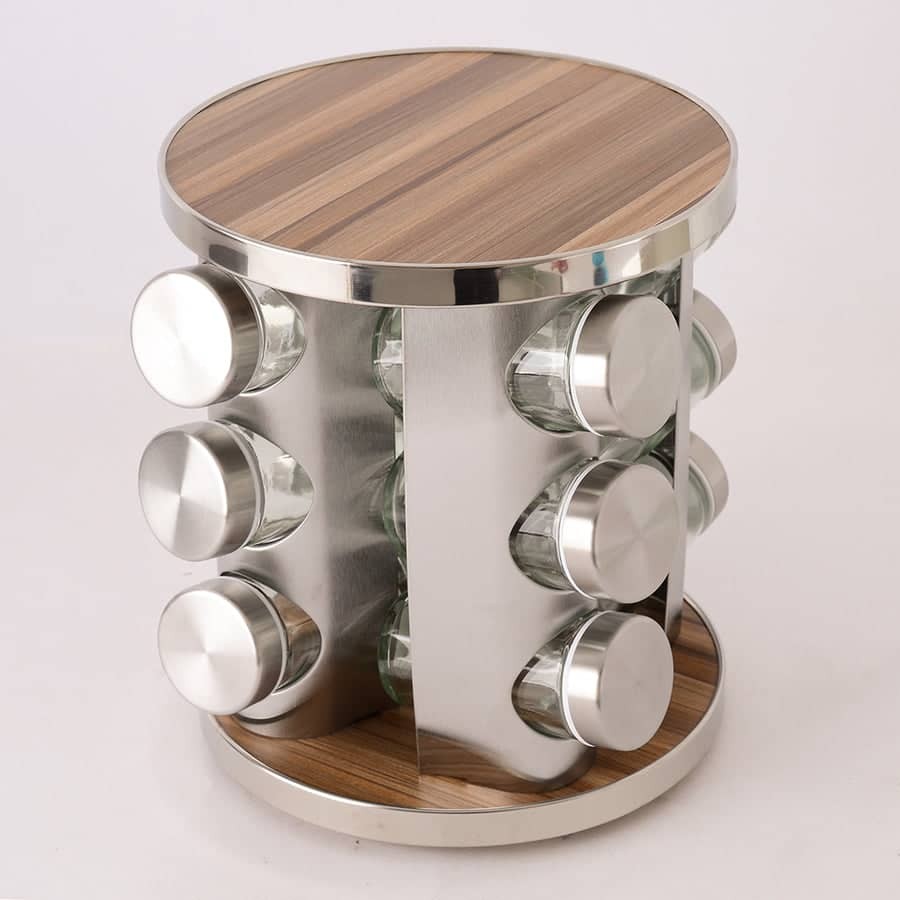 علب بهارات 12 قطعة مع ستاند دوار استيل بقاعدة خشبية