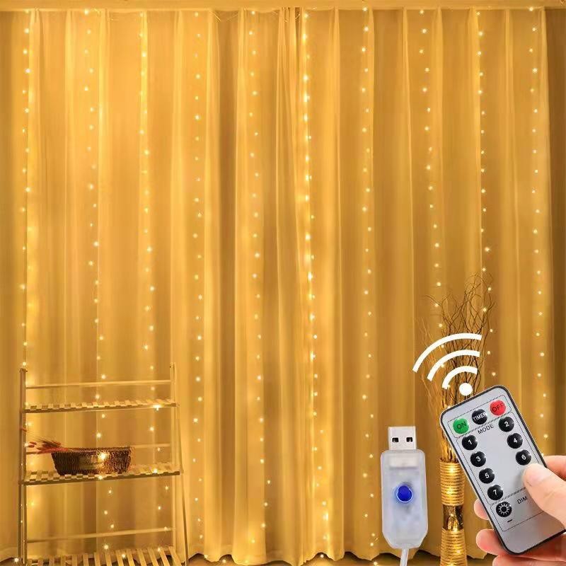 شلال ضوء ذهبي 10 خطوط مع ريموت – 3×3 متر | يعمل بـ USB