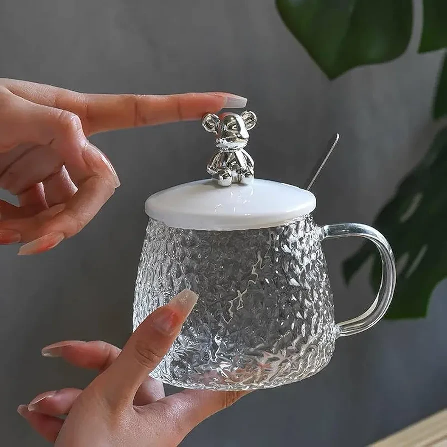 كوب زجاج ثلجي بغطاء دب + ملعقة